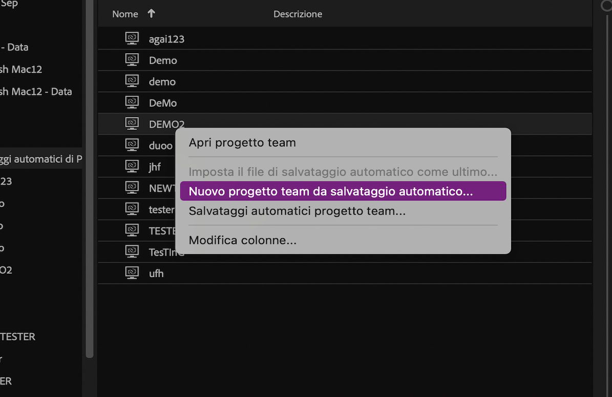 Schermata che mostra l’opzione di Nuovi progetti team dal Salvataggio automatico selezionato.