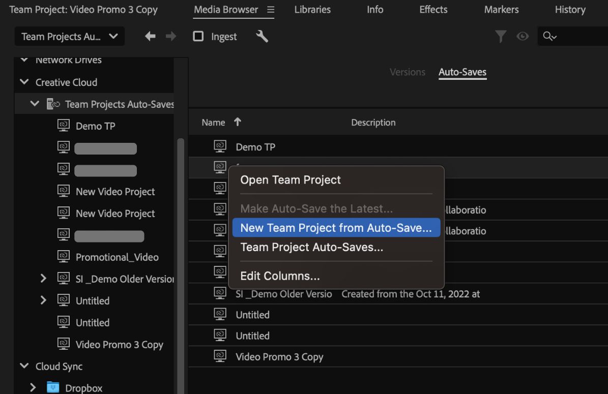 A screenshot that shows the option of New Team Projects from Auto-save selected.