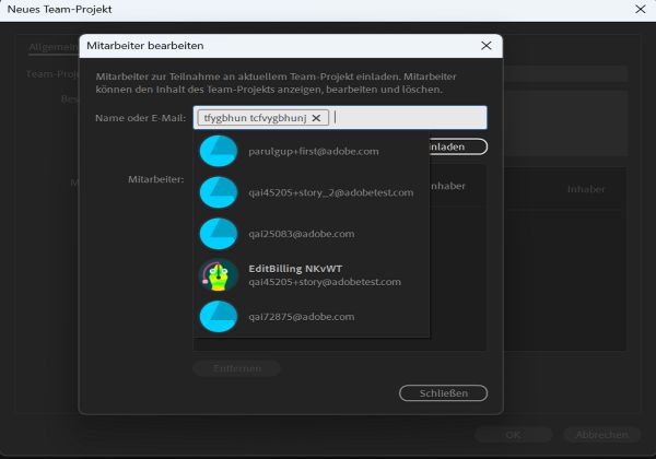 Einladen neuer Mitarbeiterinnen und Mitarbeiter in ein neues Team-Projekt über das Dialogfeld „Mitarbeiter bearbeiten“.
