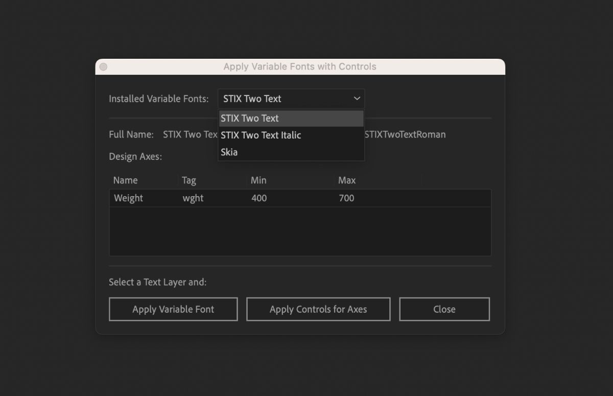 Quando esegui lo script demo di esempio in After Effects, viene visualizzata la finestra di dialogo Applica font variabili con i controlli.