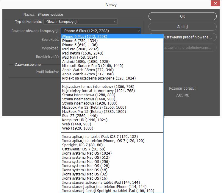 Rozmiary obszarów kompozycji programu Photoshop