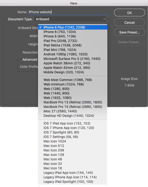 Photoshop 画板大小