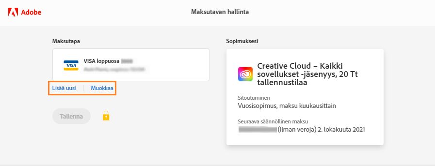 Lisää tai muokkaa maksutapaa