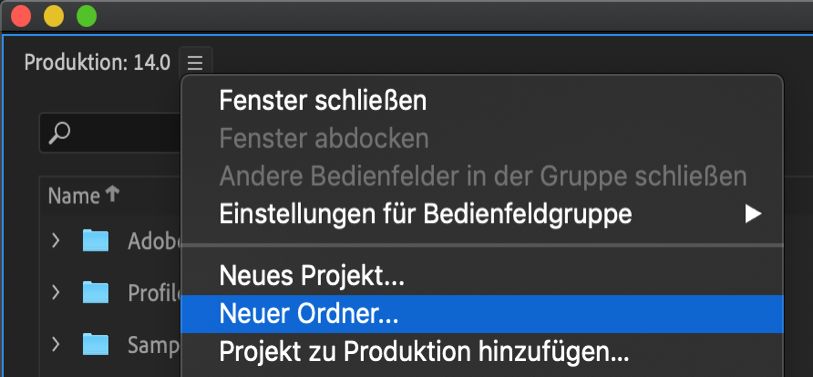 Erstellen eines neuen Ordners in einer Produktion