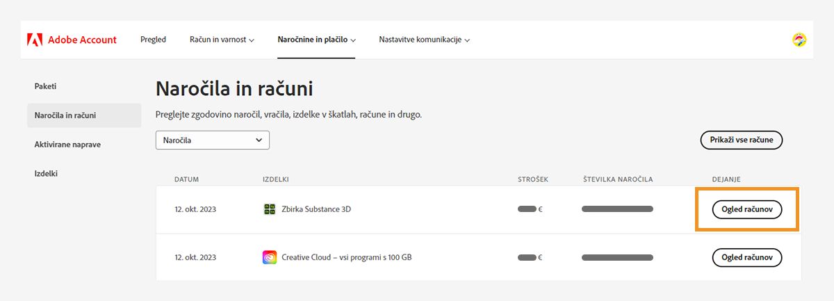 Zaslon »Naročila in računi« za ogled računov