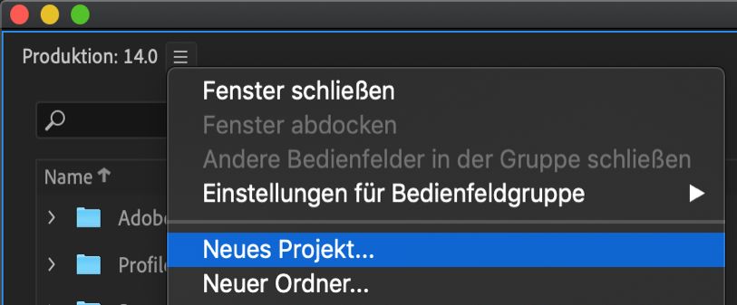 Erstellen eines neuen Projekts in einer Produktion