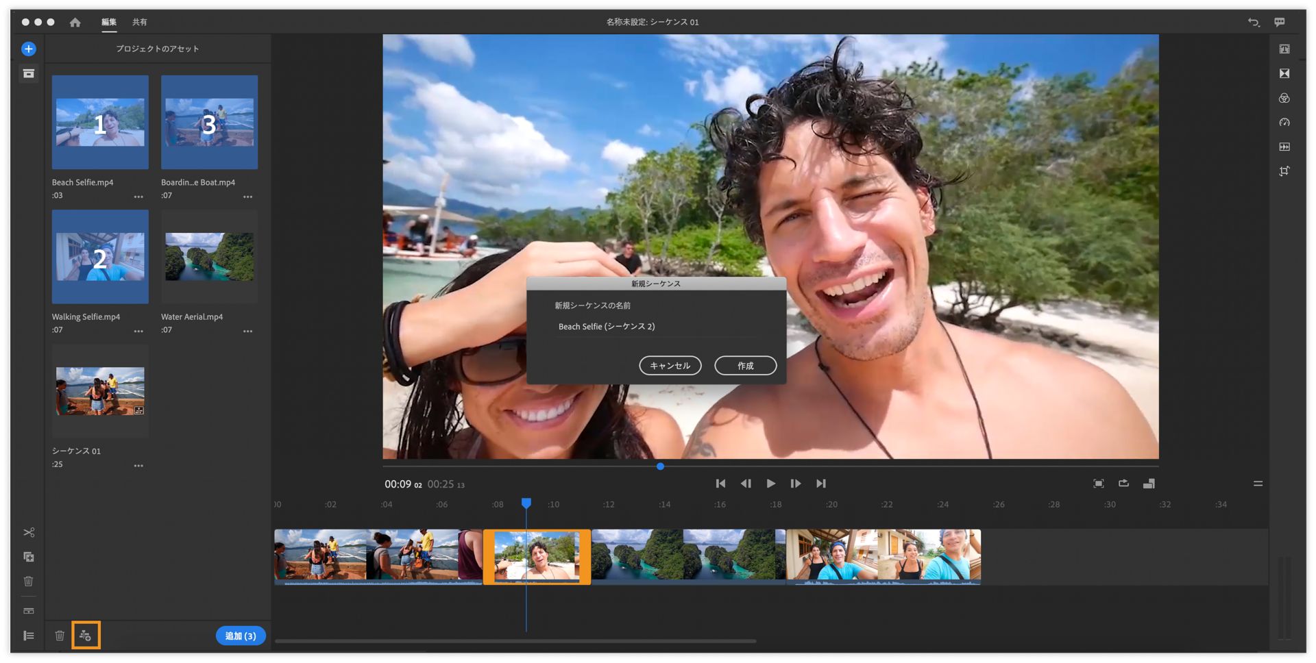 プロジェクトアセットパネルを使用したシーケンスの作成