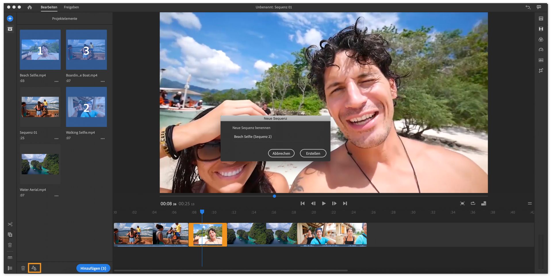 Erstellen einer Sequenz mithilfe des Bedienfelds „Projektelemente“