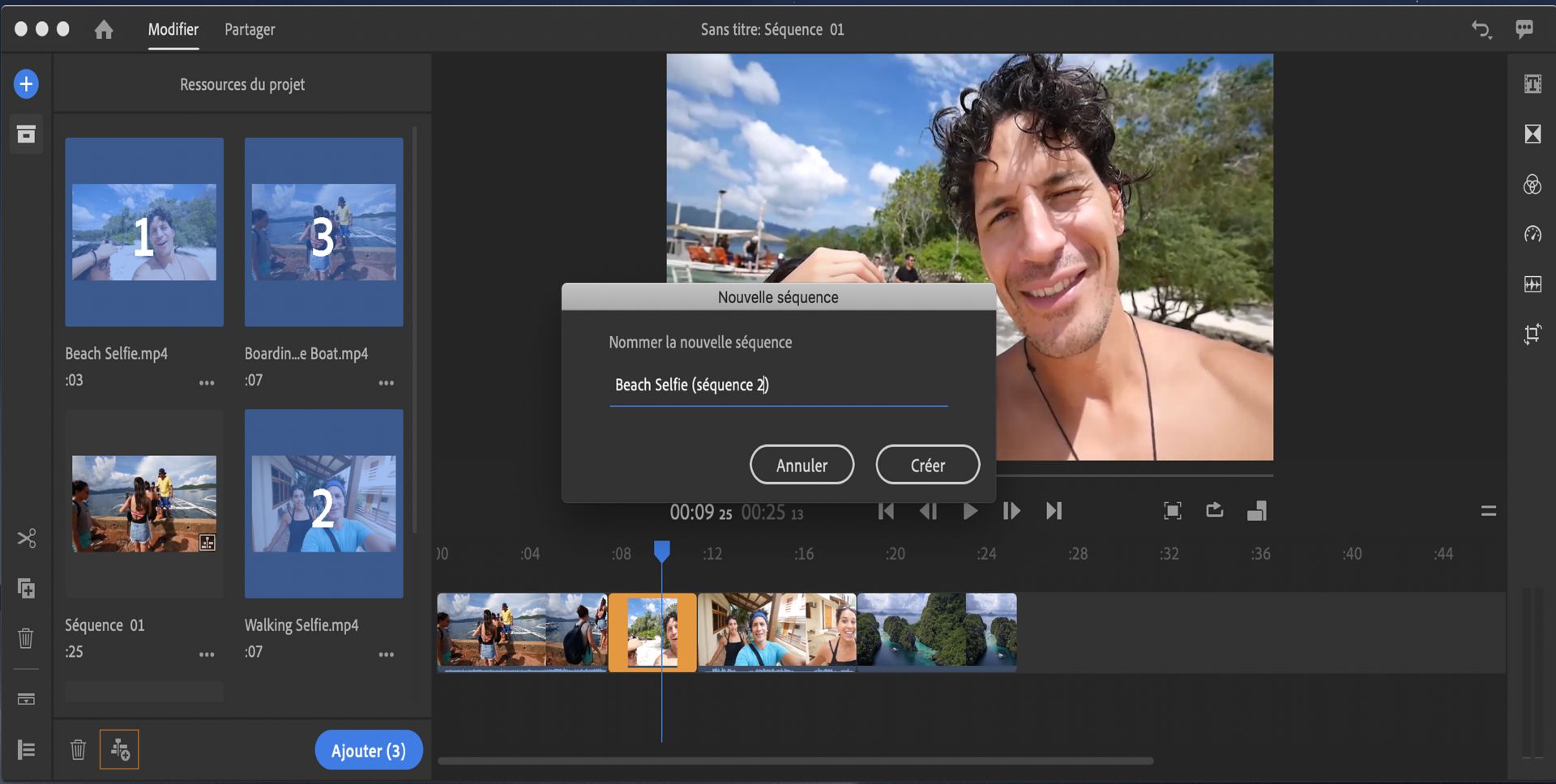 Créer une séquence à l’aide du panneau Ressources du projet