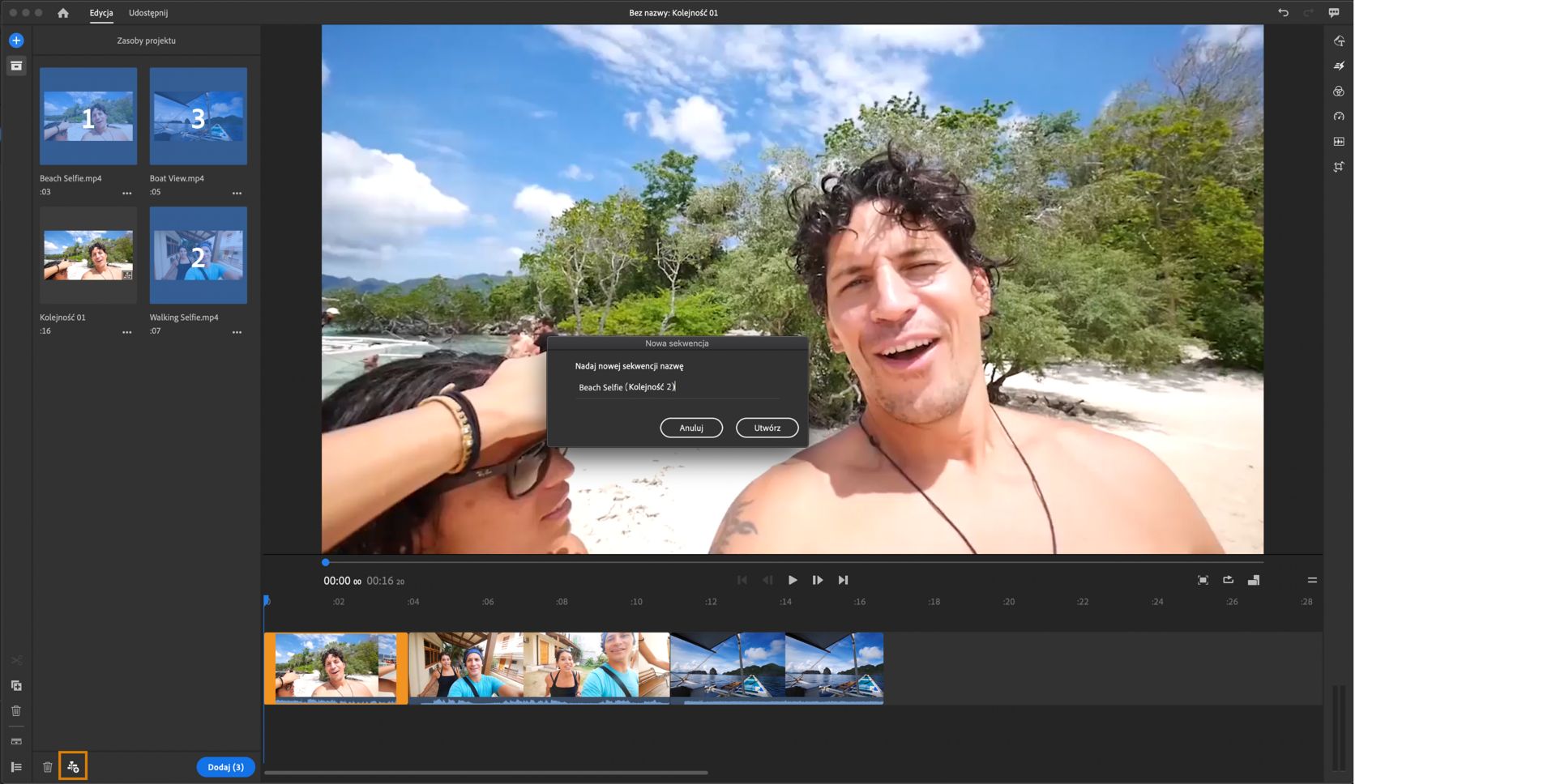 Tworzenie sekwencji za pomocą panelu Zasoby projektu
