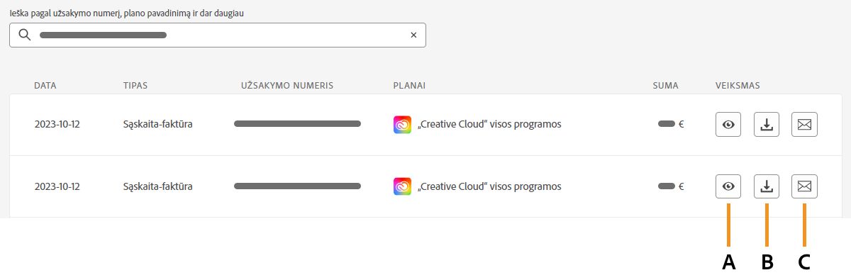 Peržiūrėkite, atsisiųskite arba išsiųskite sąskaitą-faktūrą el. paštu