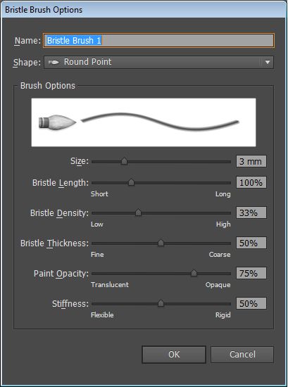 Dialogové okno Volby štětce se štětinami