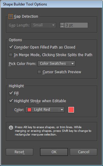 مربع حوار Shape Builder Tool Options