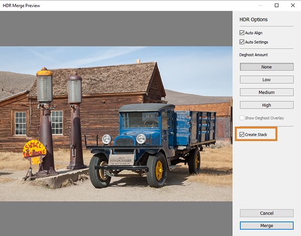 Create Stack option in the HDR Merge Preview window