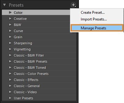 Zarządzanie ustawieniami predefiniowanymi w programie Lightroom Classic