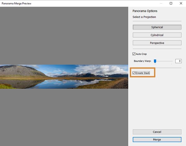 Create Stack option in the Panorama Merge Preview window