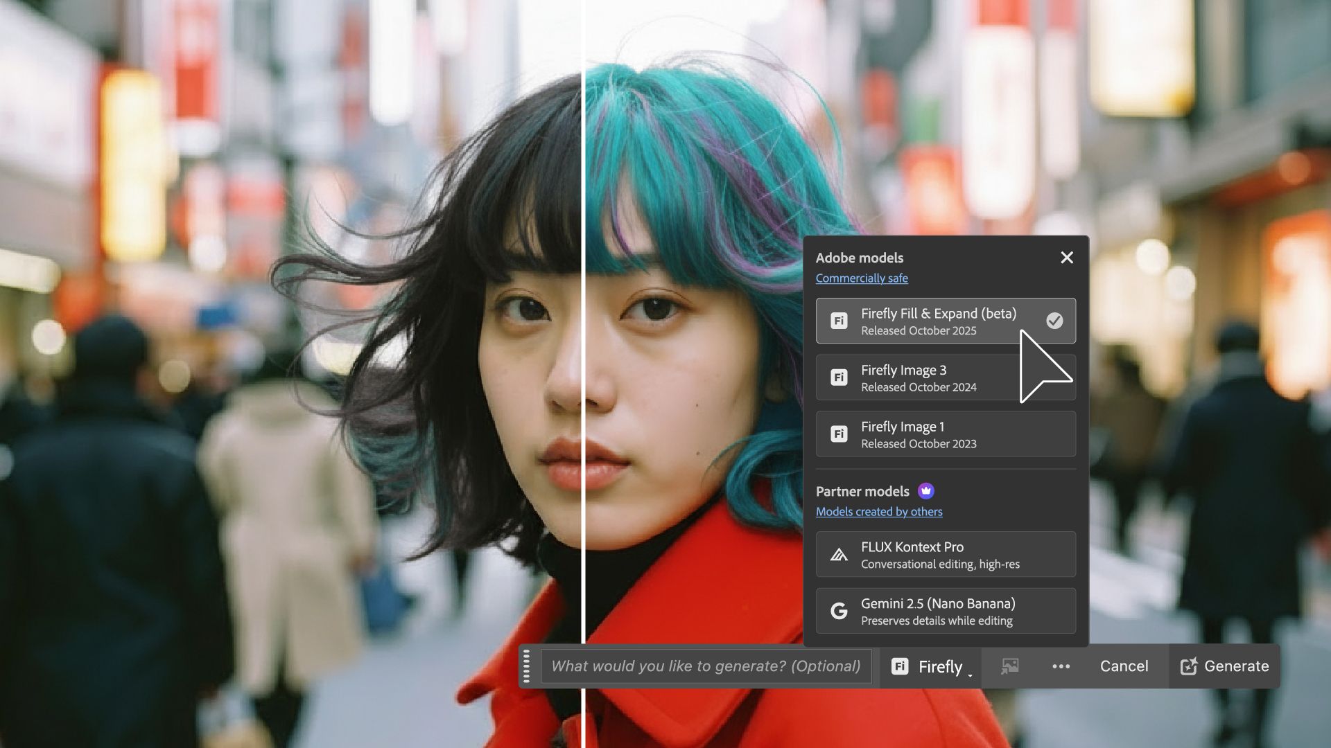 A person with teal hair and a red coat stands in a busy city street. On the right, an Adobe Photoshop menu displays different AI image editing models, with "Firefly Image Edit" (release TBD 2025) selected.