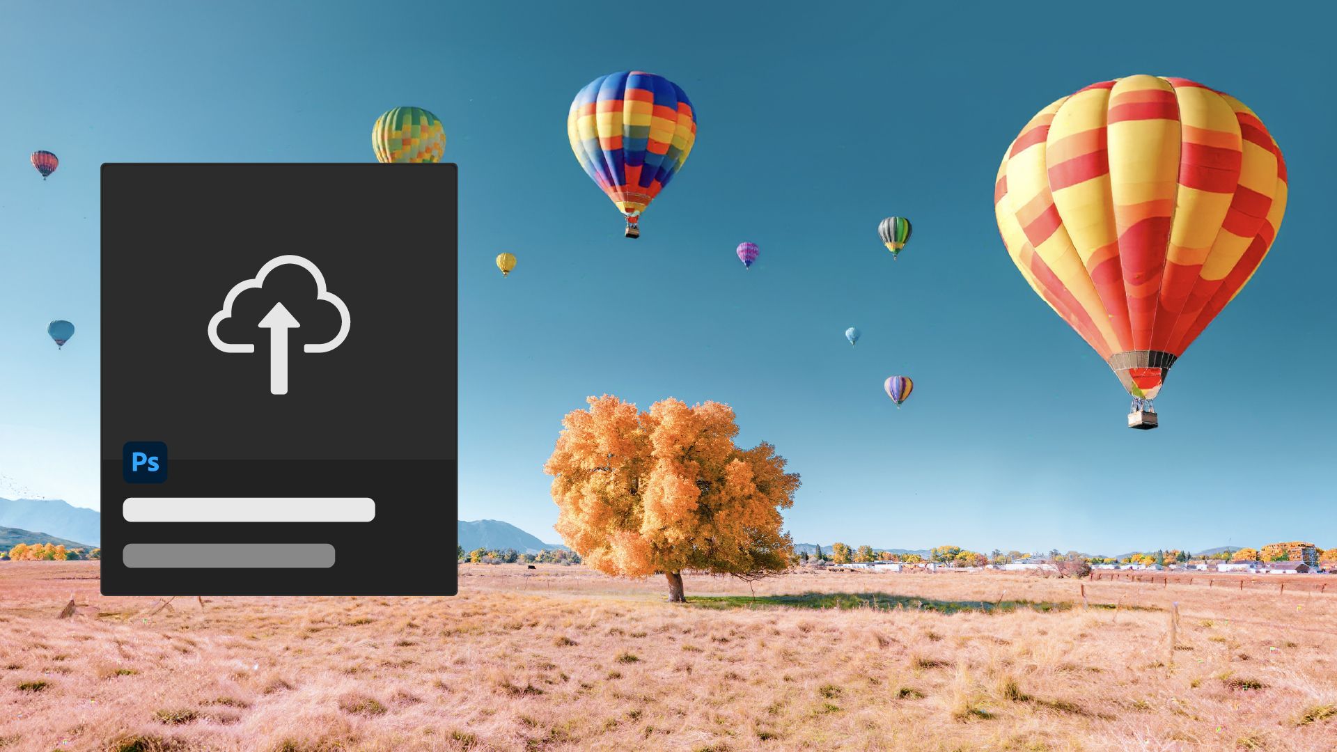 A Photoshop export to cloud icon overlayed on a scenic field with a tree in autumn colors and multiple colorful hot air balloons floating in the sky