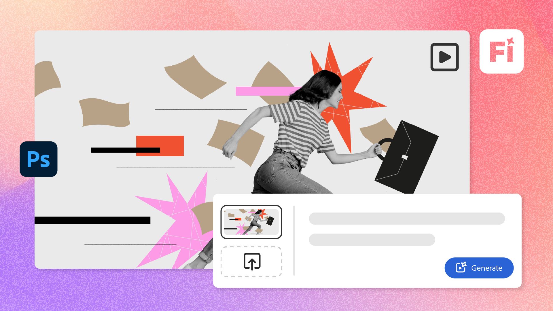 A Photoshop static image of a woman running with a briefcase, surrounded by abstract shapes, being prepared for video creation in Adobe Firefly with a “Generate” button