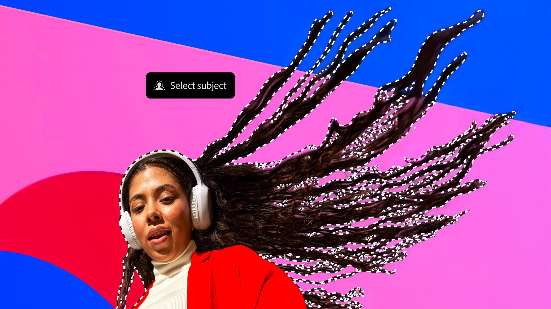 Girl wearing headphones with her hair flying upward, showing improved hair selection using Select Subject with device processing in Photoshop.