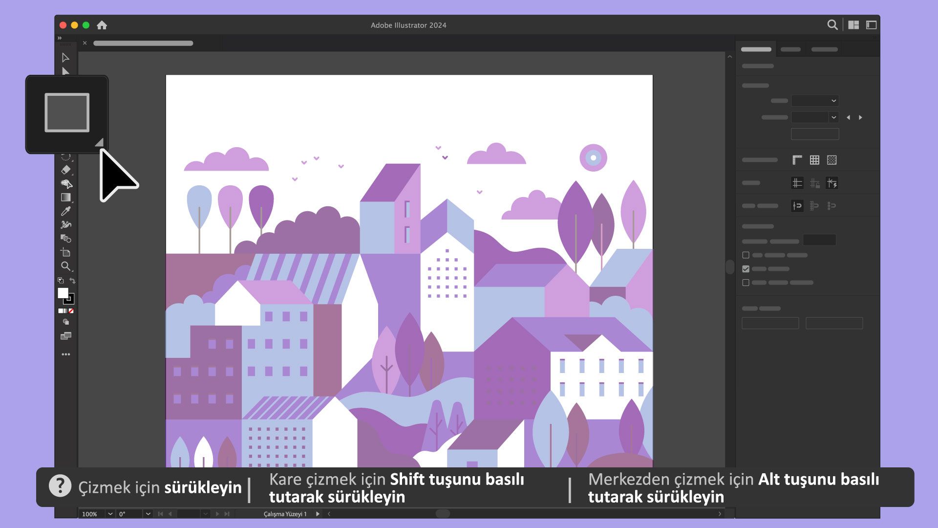 Adobe Illustrator arabirimi; ipuçlarını, klavye kısayollarını ve tüm araçların kullanma talimatlarını bulabileceğiniz Yardım Çubuğu'nu görüntülüyor.
