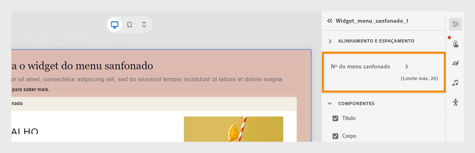 Selecionar o número de menus sanfonados no slide