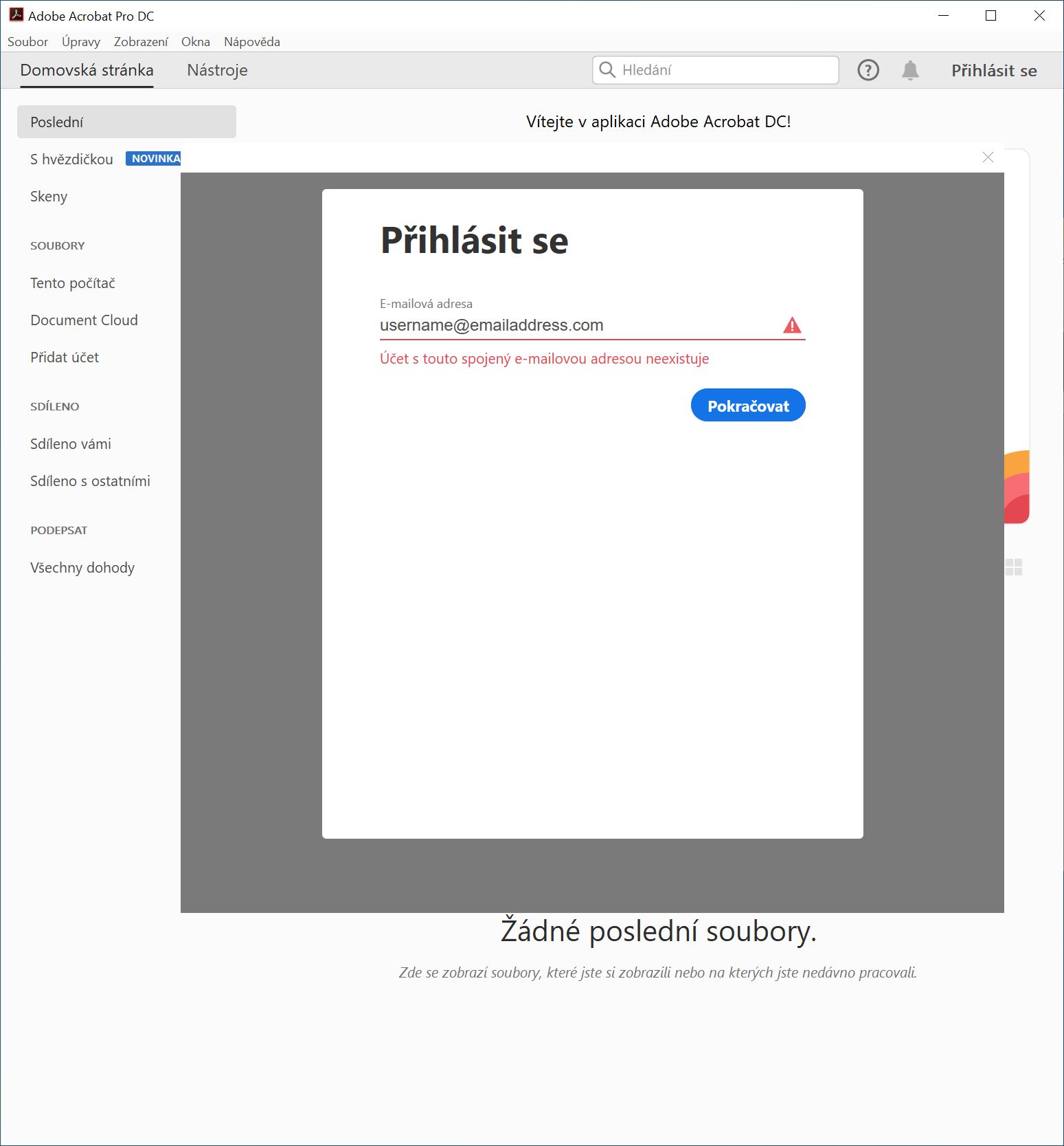 Chyba: K e-mailové adrese nebyl přiřazen žádný účet