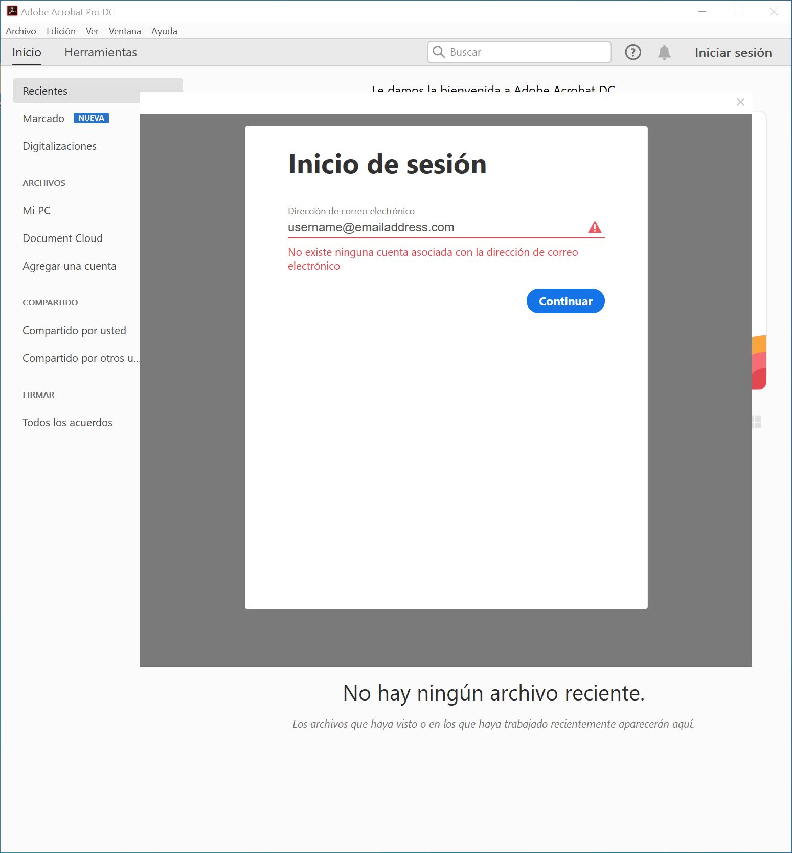 Error: No hay ninguna cuenta asociada con la dirección de correo electrónico