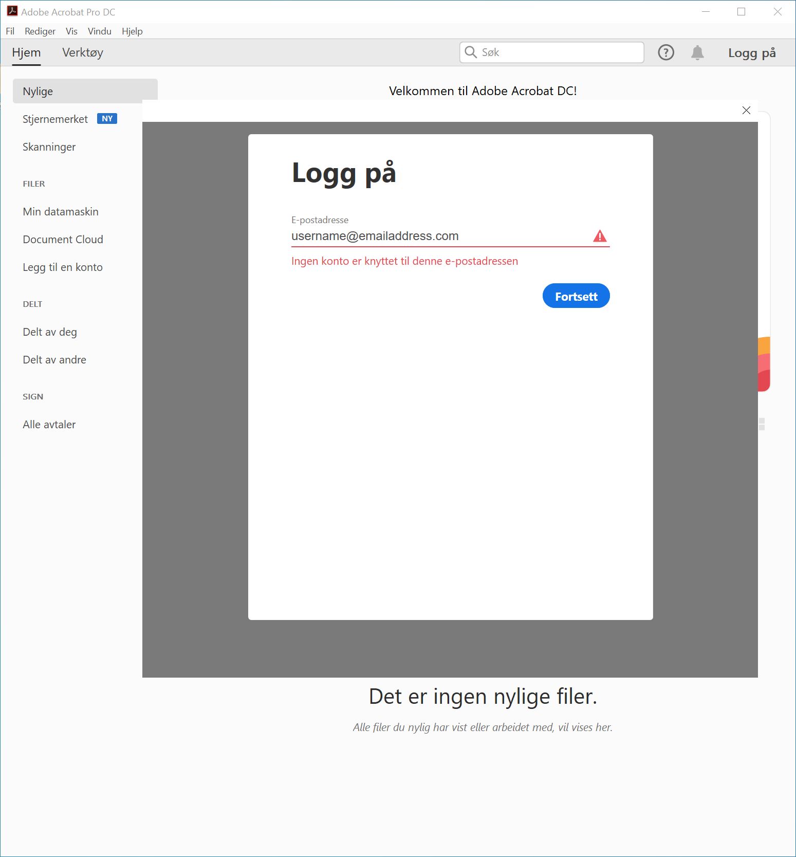Feil: Ingen konto tilknyttet e-postadressen