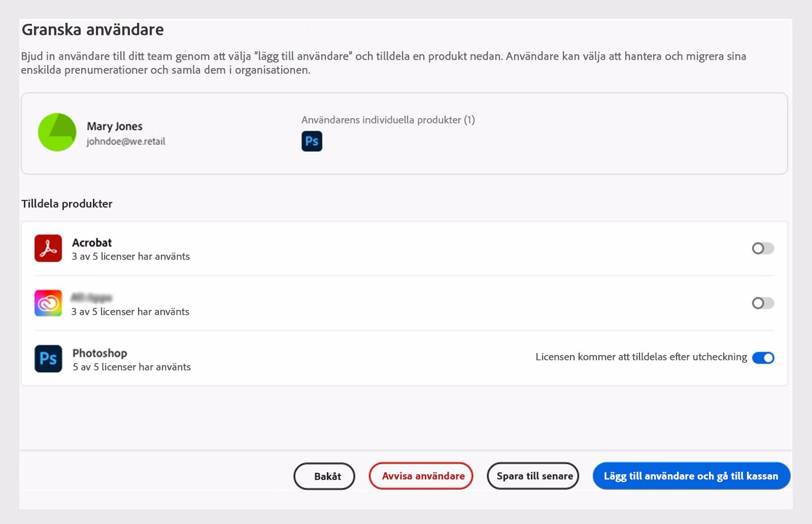 Granska användaren utan motsvarande produktlicenser