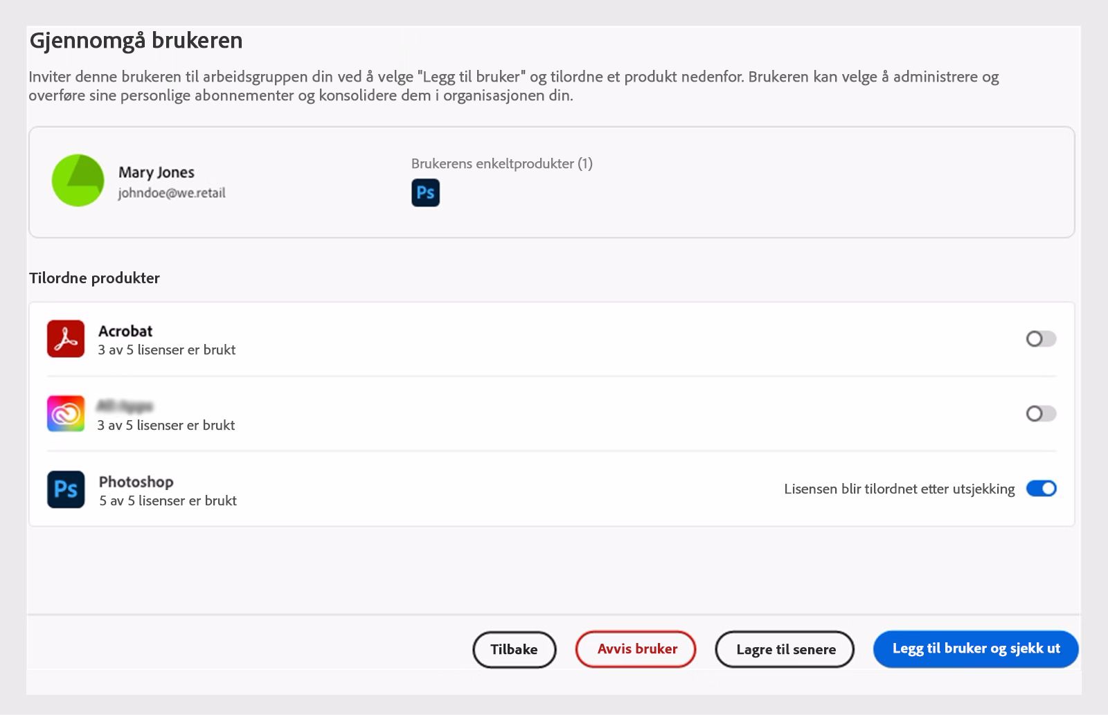 Gå gjennom brukere uten tilsvarende produktlisenser
