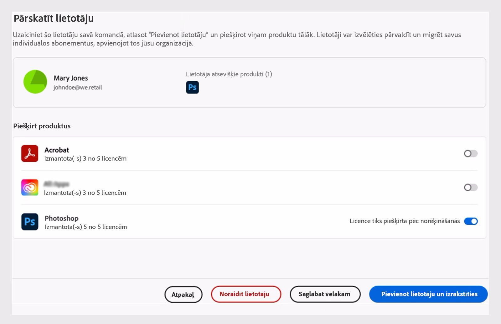 Pārskatīt lietotāju bez atbilstošām produktu licencēm