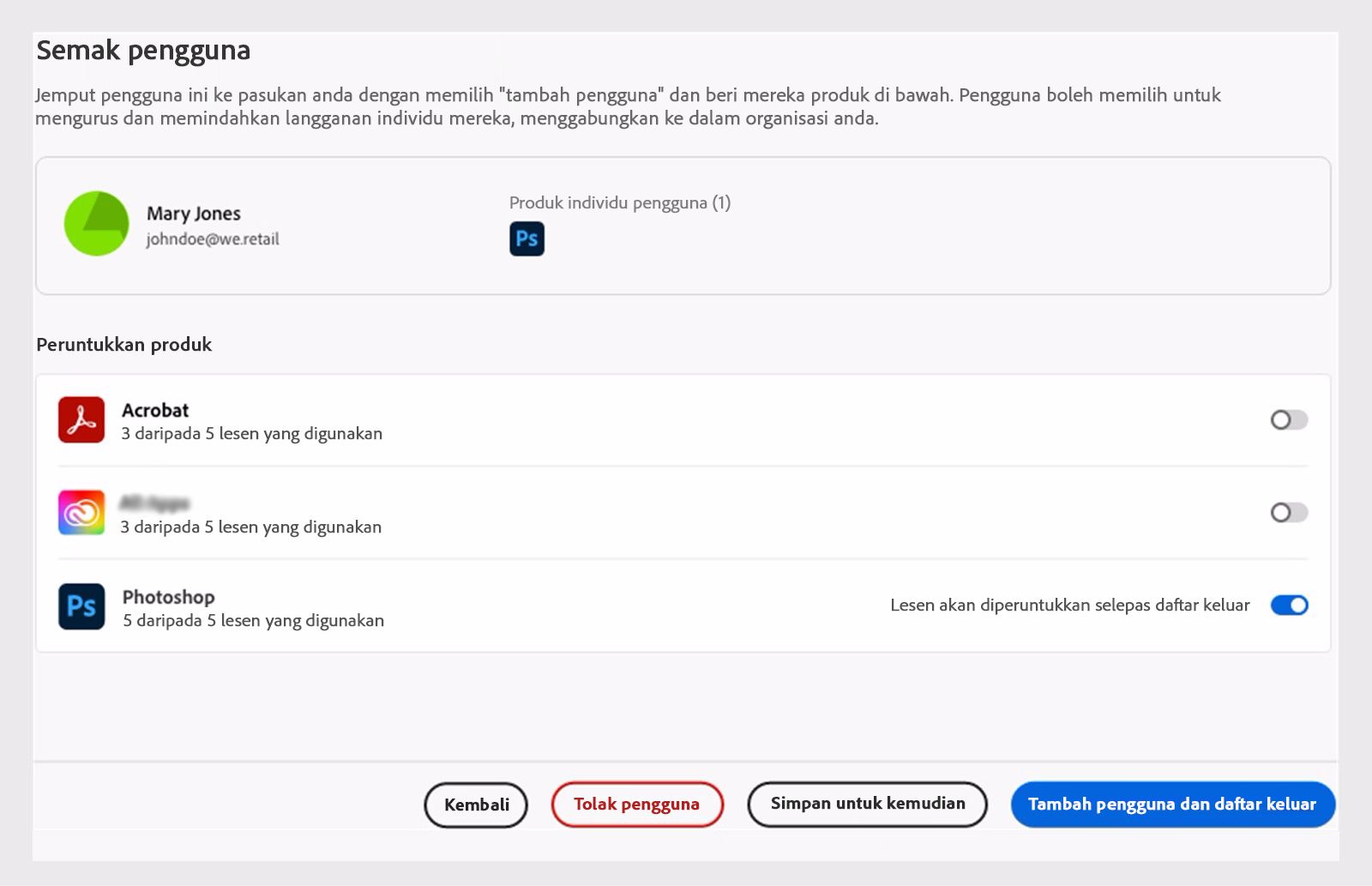Semak pengguna tanpa lesen produk yang sepadan