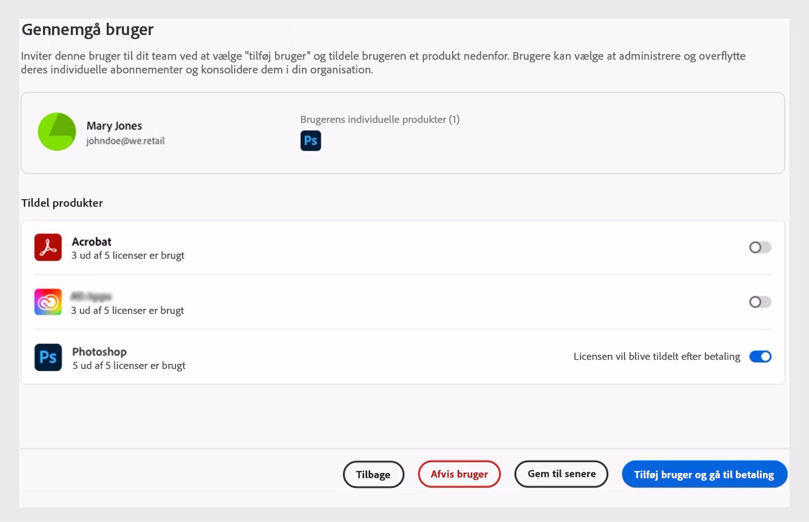 Gennemgå bruger uden tilsvarende produktlicenser