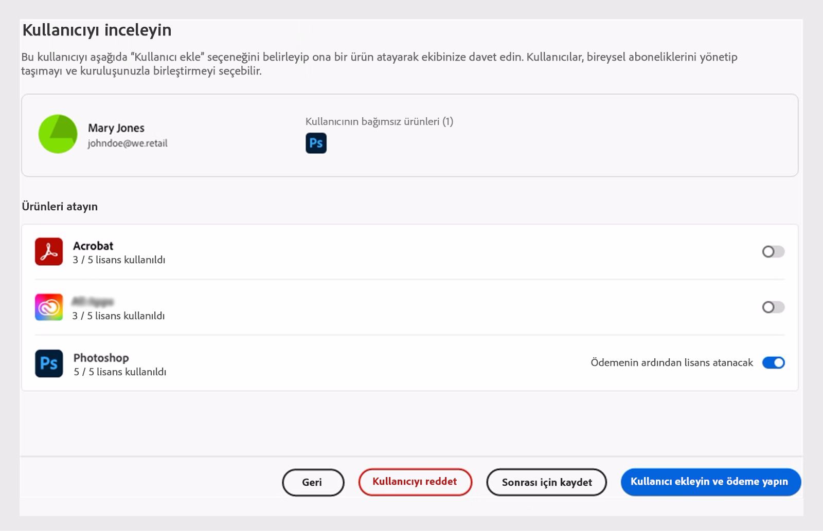 İlgili ürün lisanslarına sahip olmayan kullanıcıyı inceleme