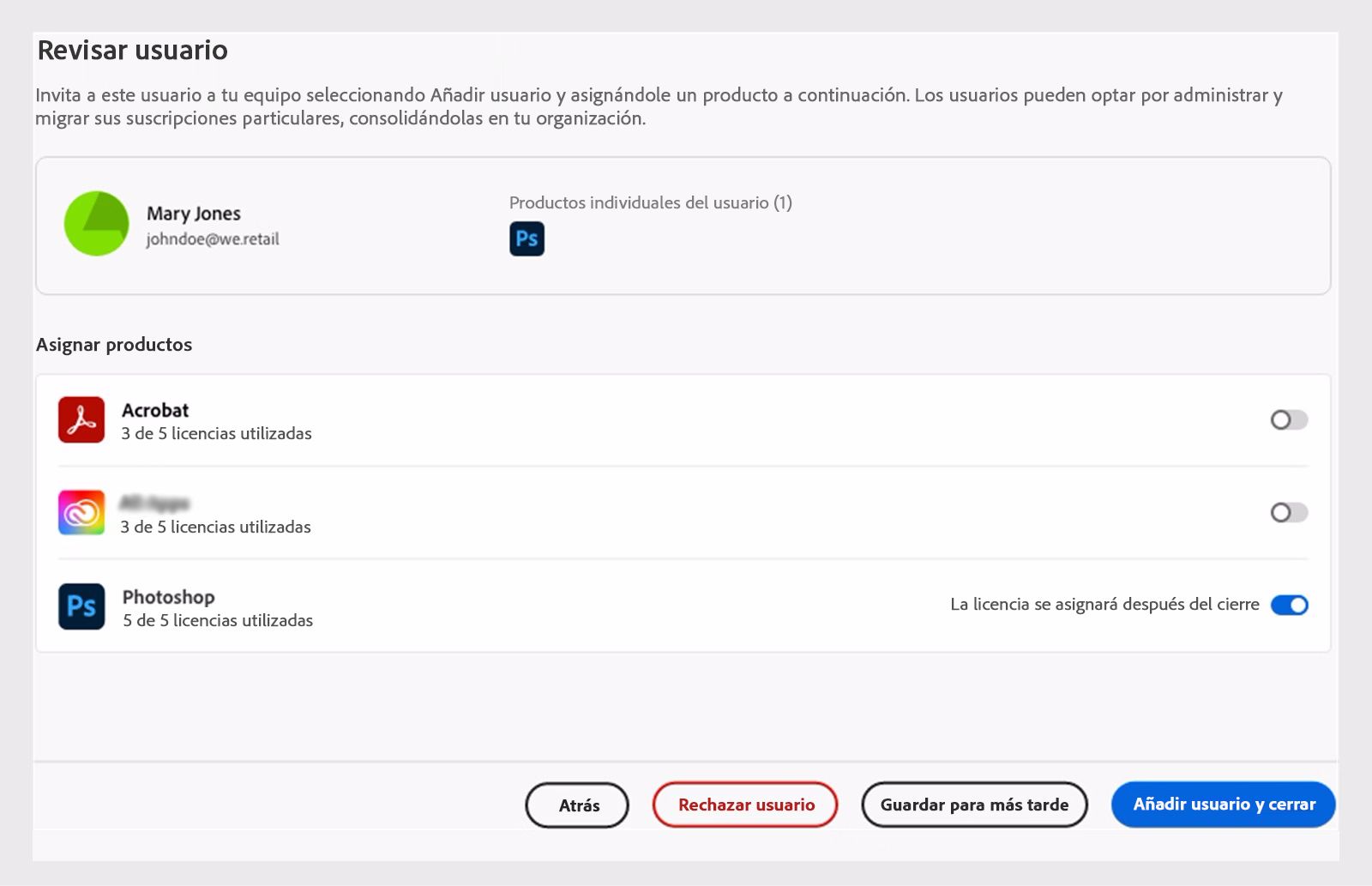 Revisar usuario con las licencias de producto que no son correspondientes