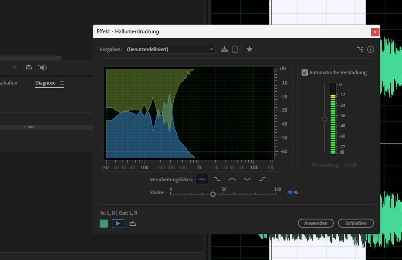 Das Dialogfeld des DeReverb-Effekts ist geöffnet, mit Optionen zur Schätzung des Hallprofils und zur Anpassung der Hallmenge.