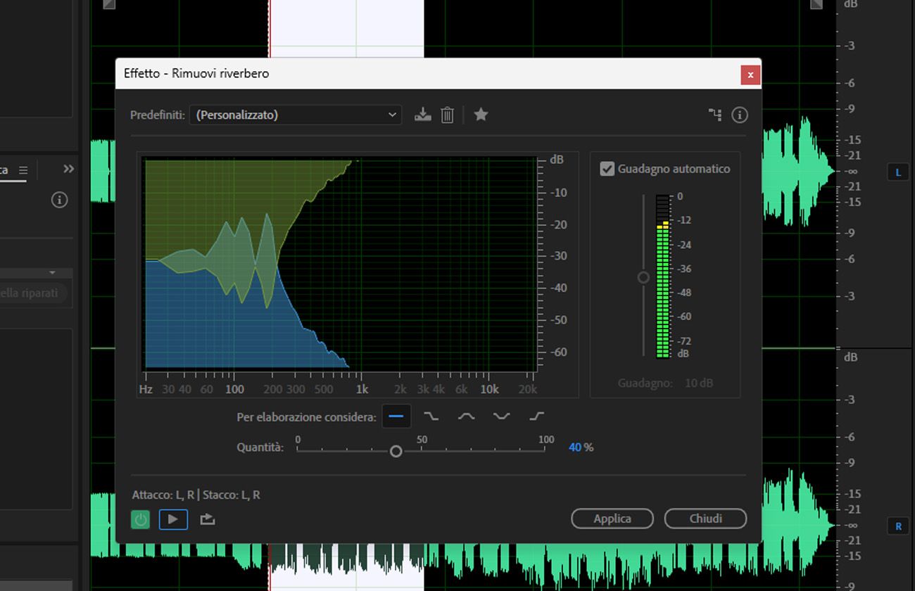 La finestra di dialogo dell'effetto DeReverb è aperta, con options per stimare il profilo di riverbero e regolare la quantità di riverbero.
