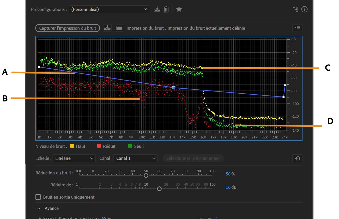 La boîte de dialogue Réduction de bruit est ouverte et affiche divers indicateurs et niveaux d'amplitude de bruit.