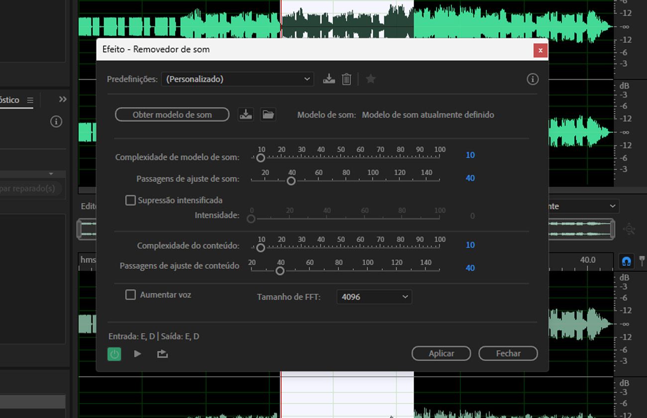 A caixa de diálogo do efeito Removedor de som está aberta, e opções como Obter modelo de som, Complexidade do modelo de som e Complexidade do conteúdo estão disponíveis para uso.