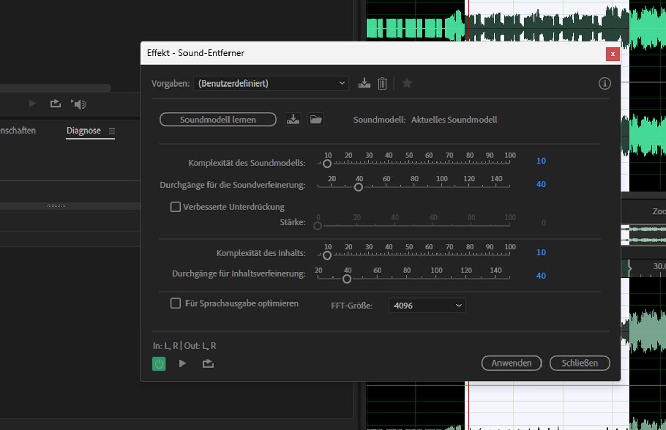 Das Dialogfeld des Sound Remover-Effekts ist geöffnet, und options wie Sound-Modell lernen, Sound-Modell-Komplexität und Inhalte-Komplexität stehen zur Verfügung.