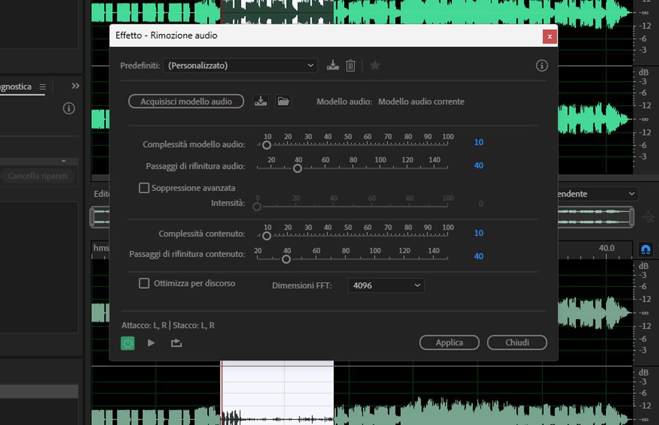 La finestra di dialogo dell'effetto Sound Remover è aperta e sono disponibili per l'uso options come Apprendi modello sonoro, Complessità del modello sonoro e Complessità del contenuto.