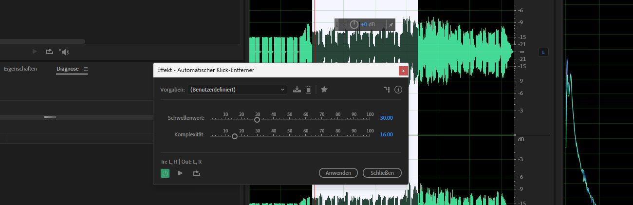 Das Dialogfeld des Automatic Click Remover-Effekts ist geöffnet, und options wie Schwellenwert und Komplexität stehen zur Verfügung.