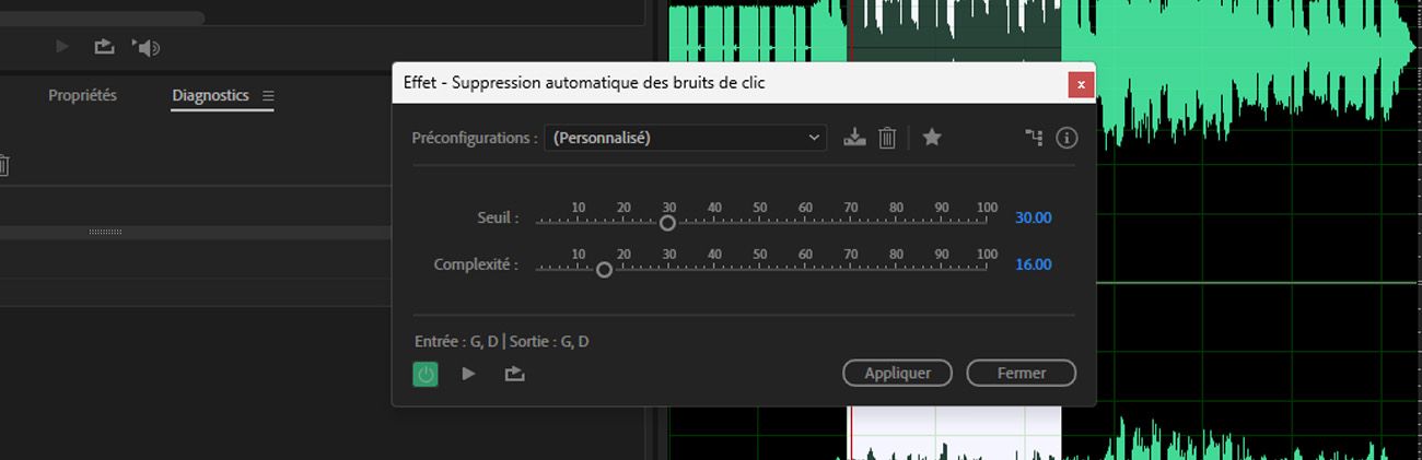 La boîte de dialogue de l’effet Suppresseur automatique de clics est ouverte, et des options telles que Seuil et Complexité sont disponibles.