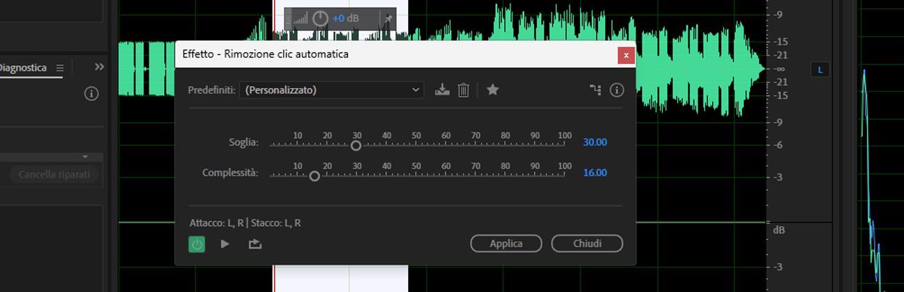 La finestra di dialogo dell'effetto Rimozione automatica dei clic è aperta e sono disponibili per l'uso options come Soglia e Complessità.