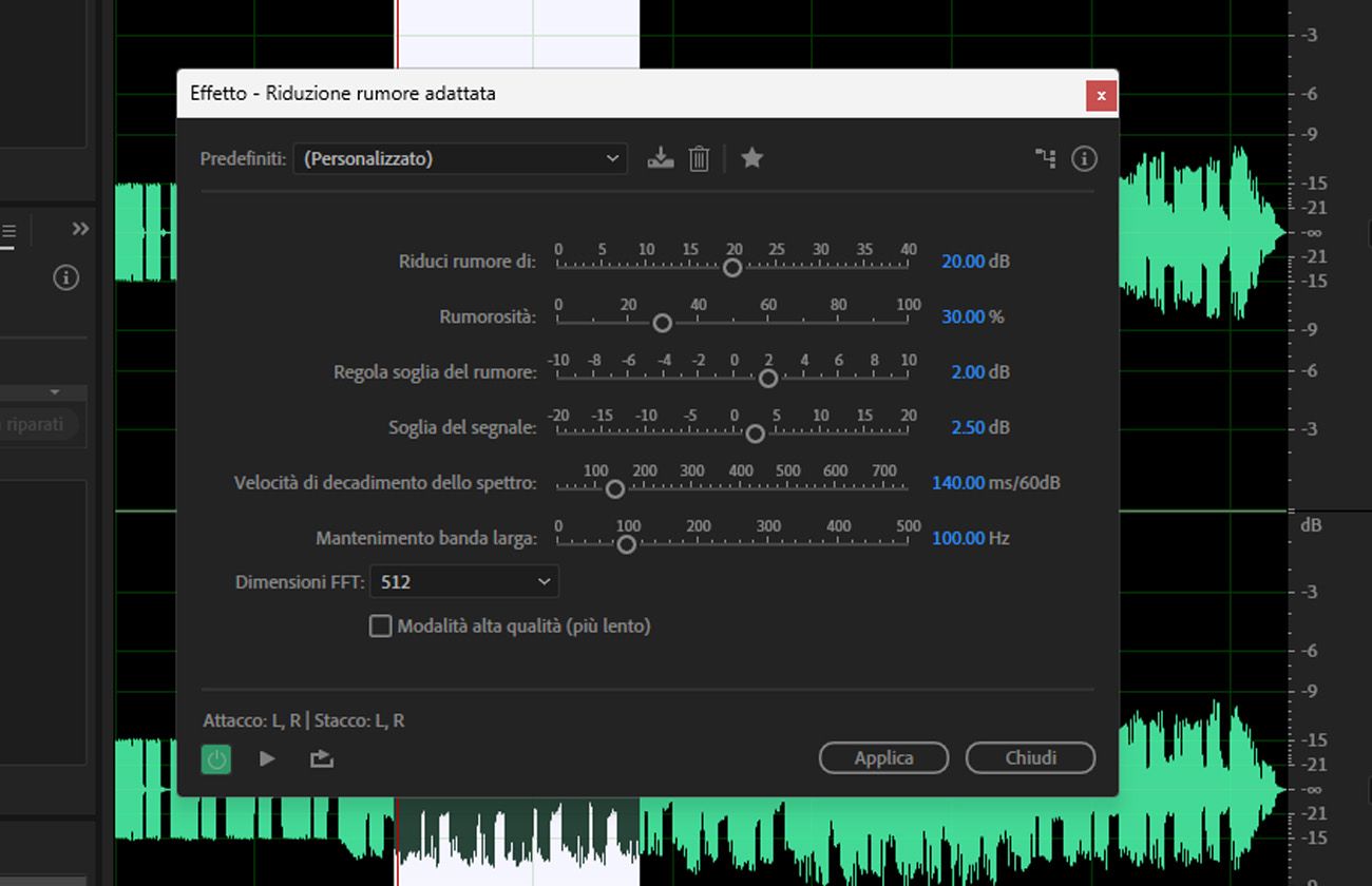 La finestra di dialogo dell'effetto Riduzione adattiva del rumore è aperta e sono disponibili per l'uso options come Riduci rumore di, Rumorosità e Regolazione fine del livello di rumore di fondo.