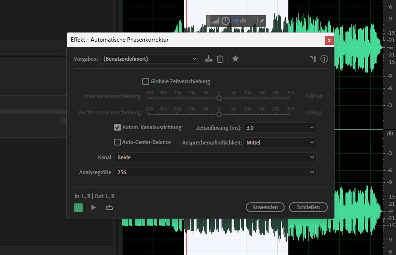 Das Dialogfeld des Automatic Phase Correction-Effekts ist geöffnet, und options wie Globale Zeitverschiebung, Kanäle automatisch ausrichten und Panorama automatisch zentrieren stehen zur Verfügung.
