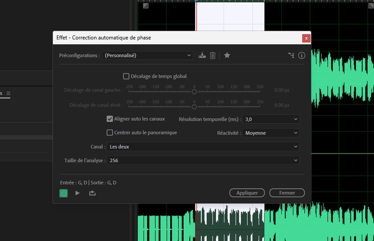 La boîte de dialogue de l’effet Correction automatique de phase est ouverte, et des options telles que Décalage temporel global, Alignement automatique des canaux et Panoramique automatique centré sont disponibles.