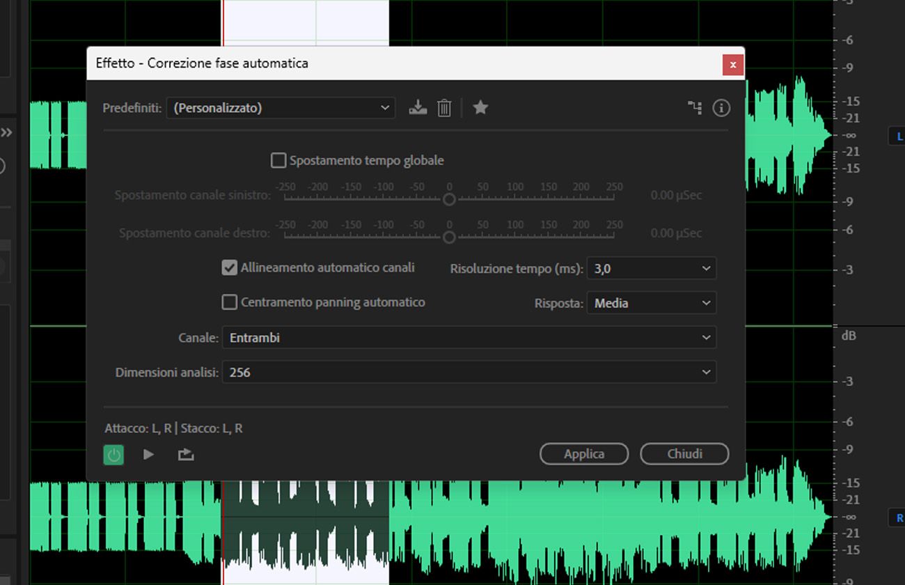 La finestra di dialogo dell'effetto Correzione automatica di fase è aperta e sono disponibili options come Spostamento temporale globale, Allineamento automatico canali e Centratura automatica panning.