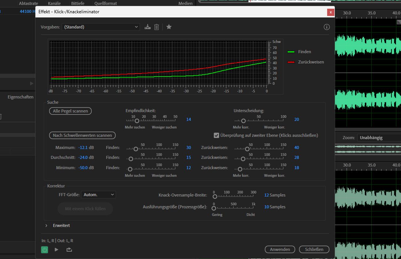 Das Dialogfeld des Click/Pop Eliminator-Effekts ist geöffnet, und options wie Empfindlichkeit, Unterscheidung und Alle Ebenen scannen stehen zur Verfügung.